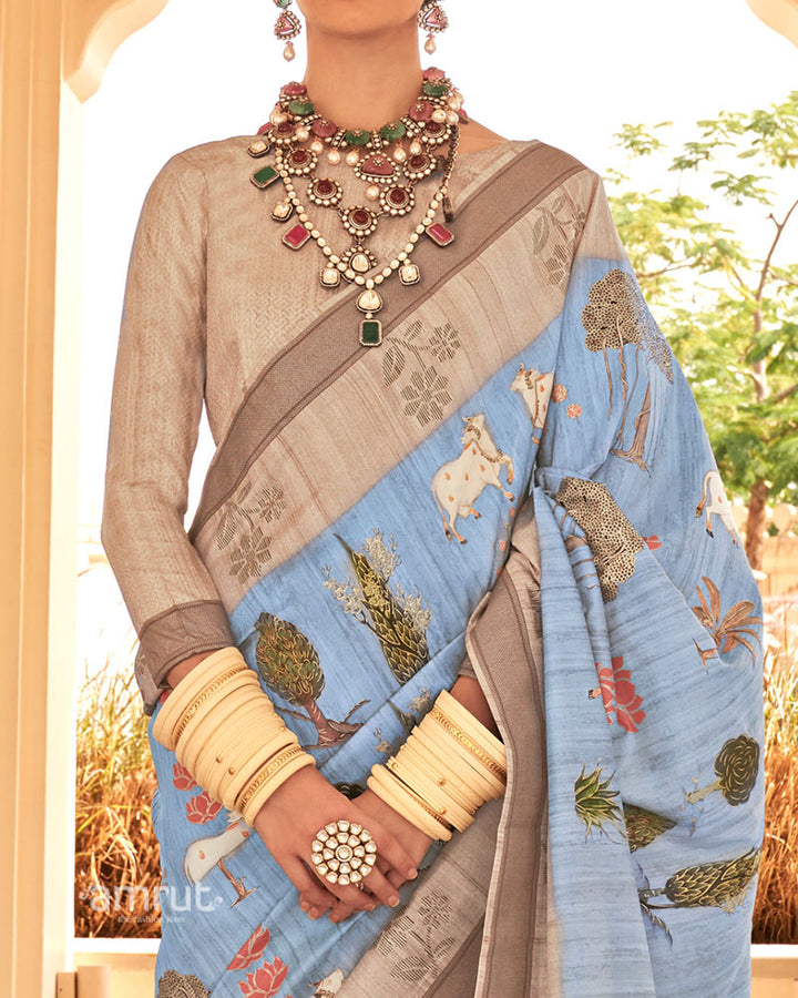 Purple and Teal Patola Printed Saree with Unstitched Blouse 03