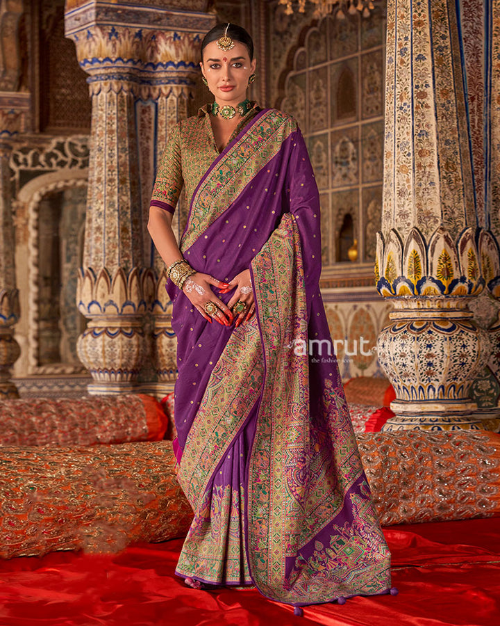 Purple with Floral Motifs Printed Border Saree and Unstitched Blouse 01