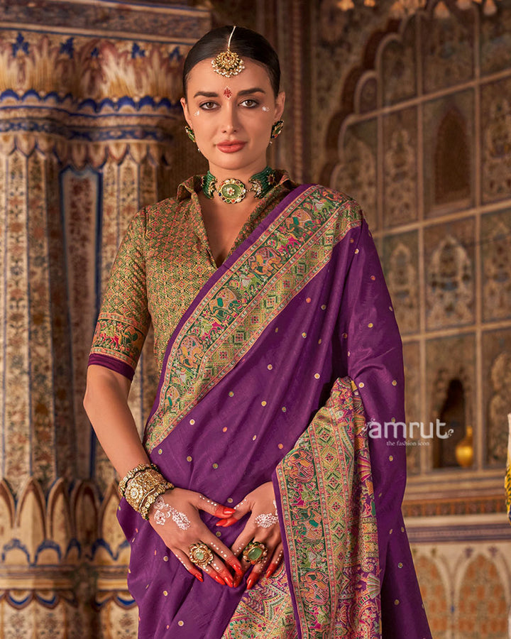 Purple with Floral Motifs Printed Border Saree and Unstitched Blouse 02