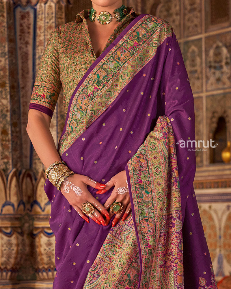 Purple with Floral Motifs Printed Border Saree and Unstitched Blouse 03