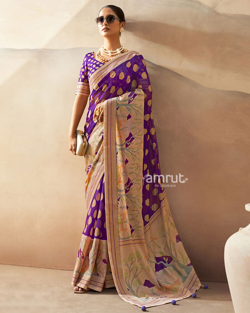 Purple with Golden Polka Dots Nature Inspired Print Border Georgette Saree and Unstitched Blouse 01