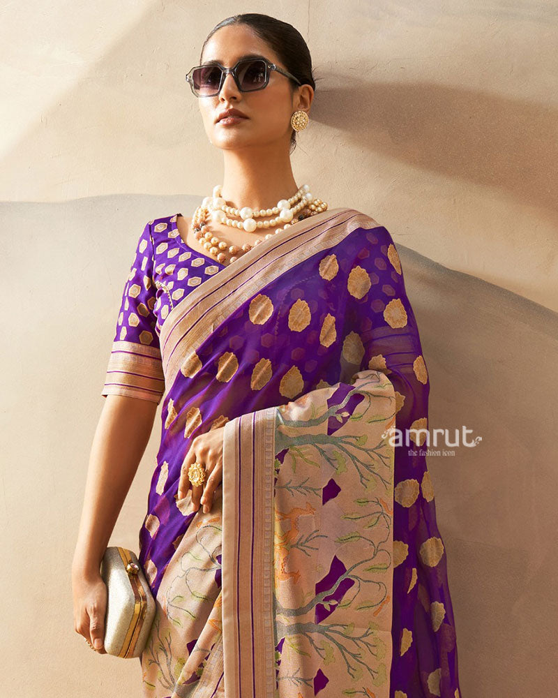 Purple with Golden Polka Dots Nature Inspired Print Border Georgette Saree and Unstitched Blouse 02