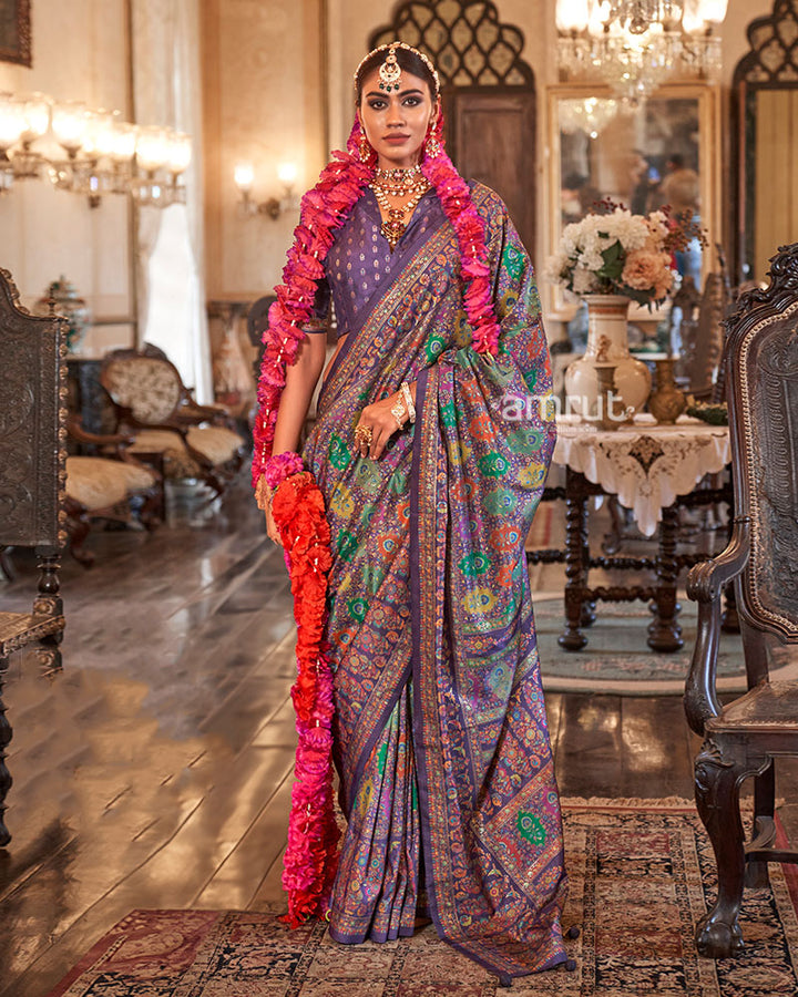Purple with Multicolored Printed Saree and Unstitched Blouse 01