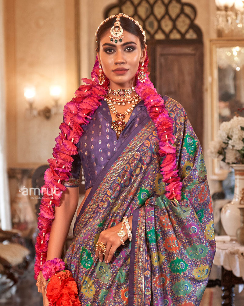 Purple with Multicolored Printed Saree and Unstitched Blouse 02
