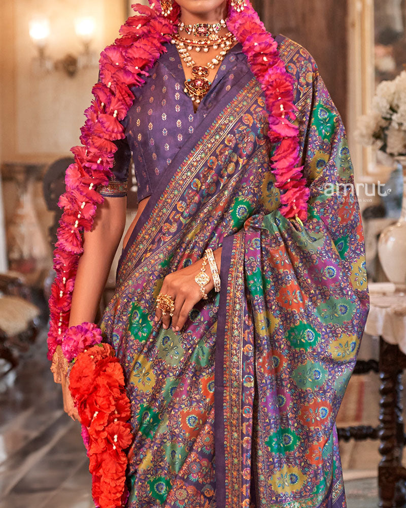 Purple with Multicolored Printed Saree and Unstitched Blouse 03