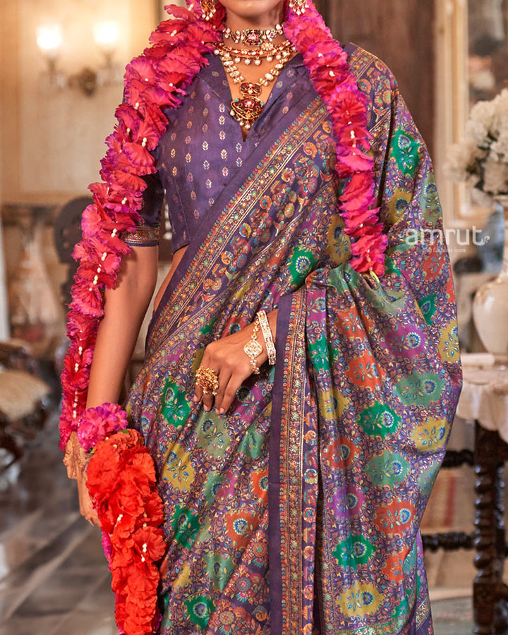Purple with Multicolored Printed Saree and Unstitched Blouse 03
