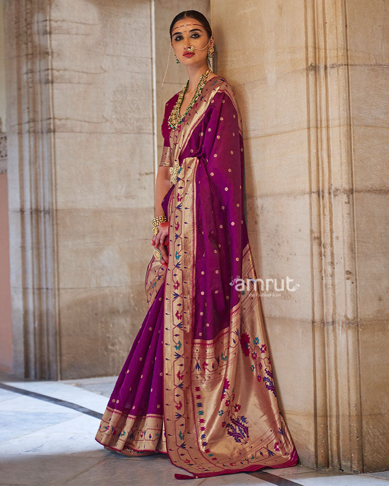 Purple with Pink Zari Border Paithani Silk Saree and Unstitched Blouse 01