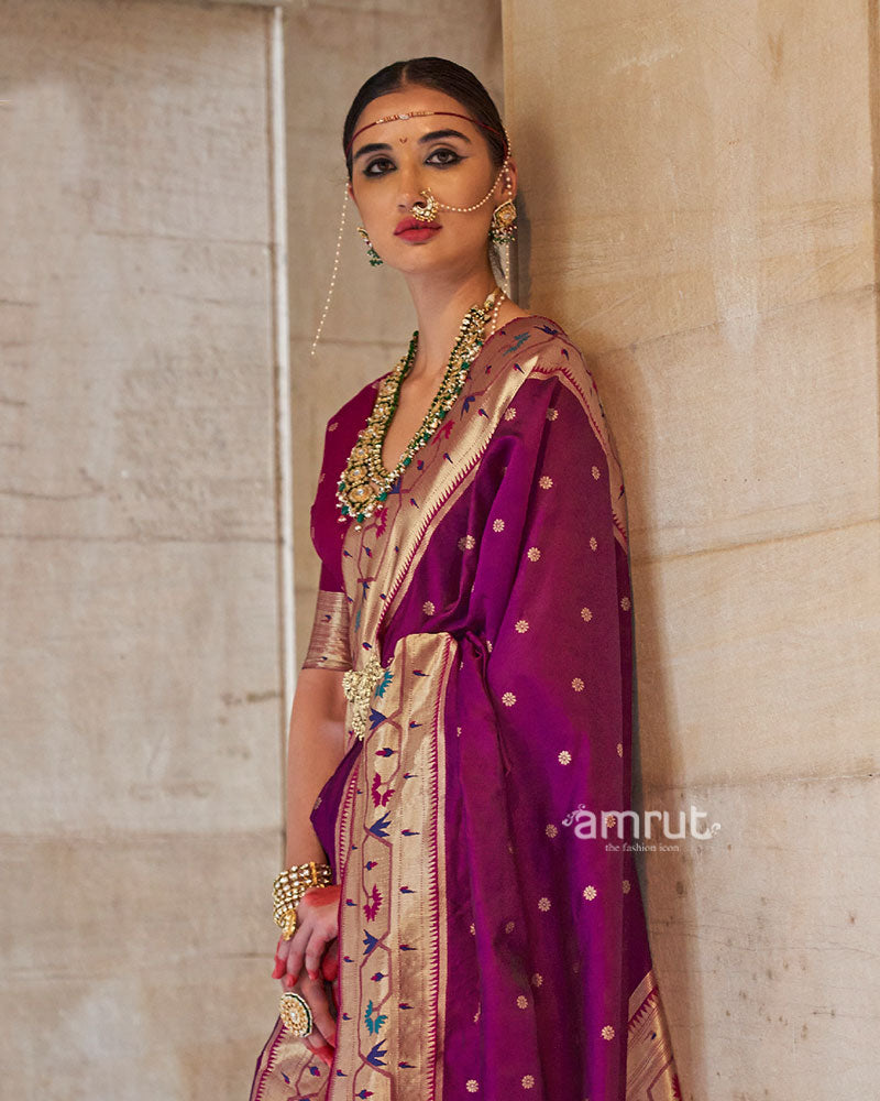 Purple with Pink Zari Border Paithani Silk Saree and Unstitched Blouse 02