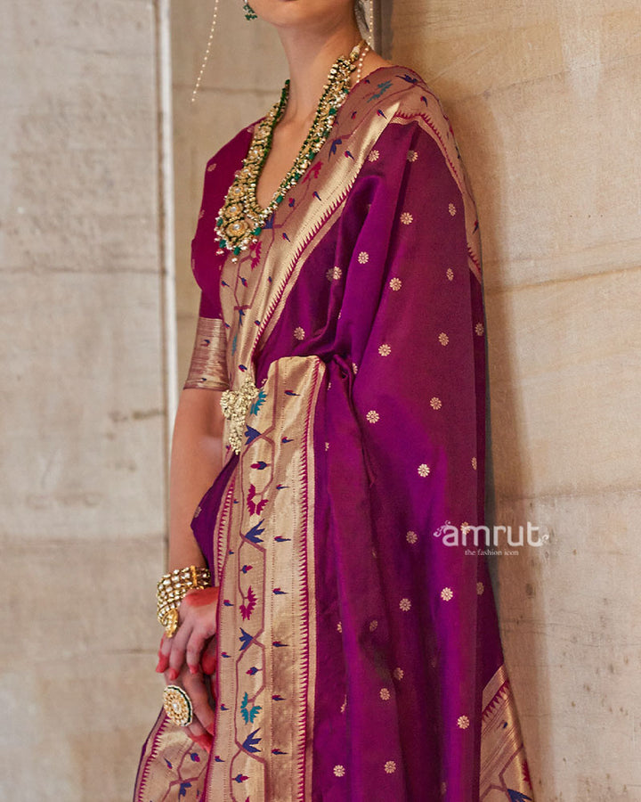 Purple with Pink Zari Border Paithani Silk Saree and Unstitched Blouse 03