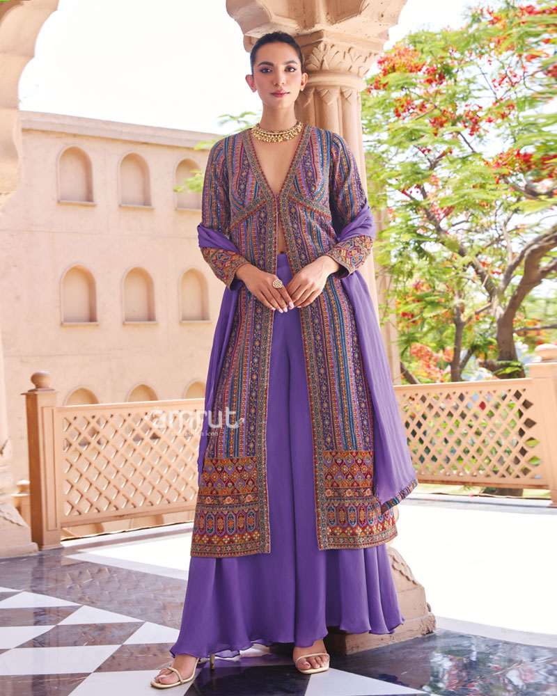 Purple with Resham and Sequin Work Printed Georgette Palazzo Set 01