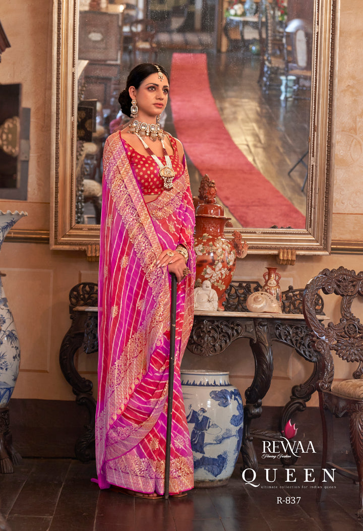 Royal Queen Pink Orange Leheriya Pattern Georgette Designer Saree