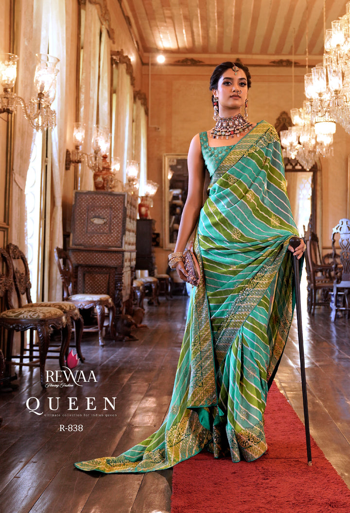 Emerald Green Leheriya Pattern Georgette Designer Saree