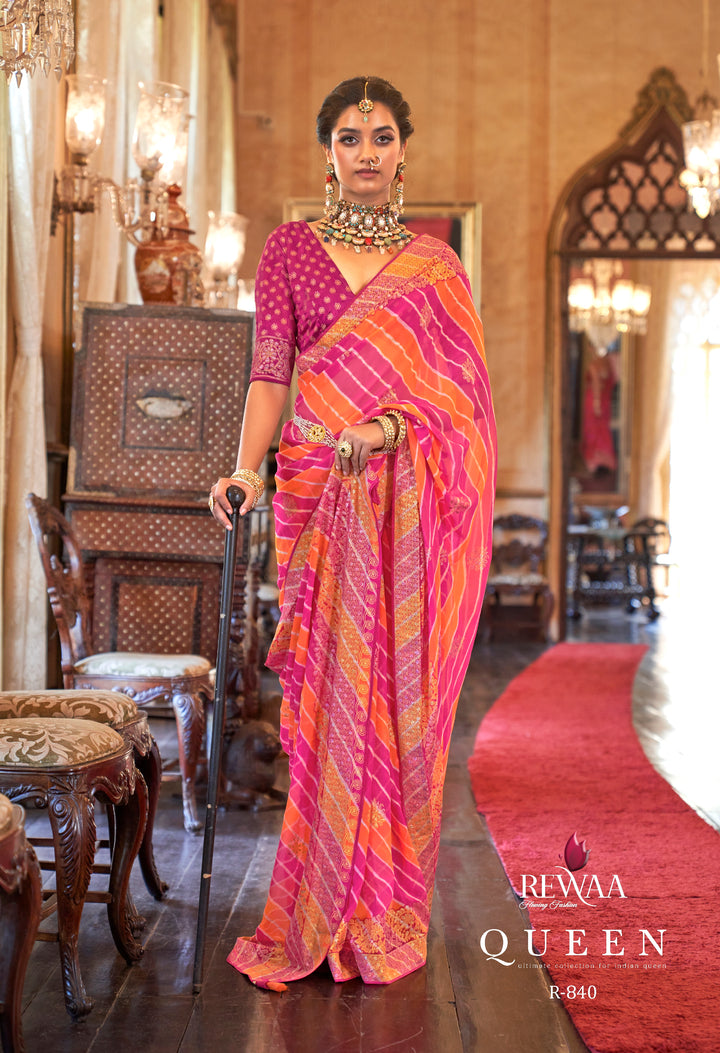 Pink Orange Leheriya Pattern Georgette Designer Saree