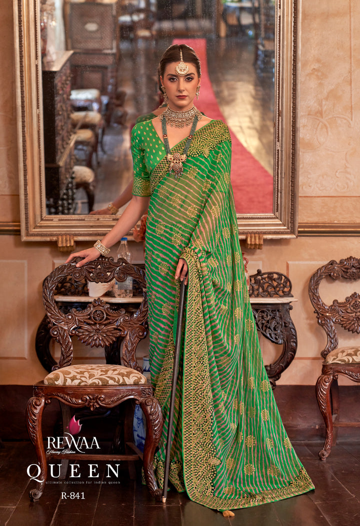 Royal Emerald Green Leheriya Pattern Georgette Designer Saree