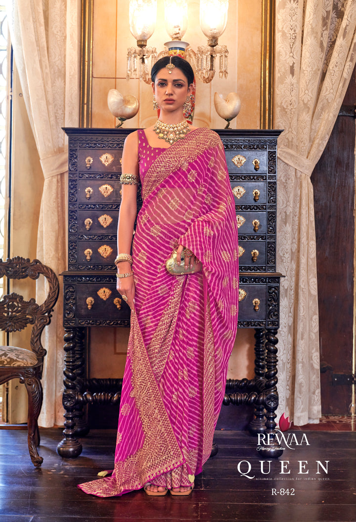 Royal Rani Pink Leheriya Pattern Georgette Designer Saree