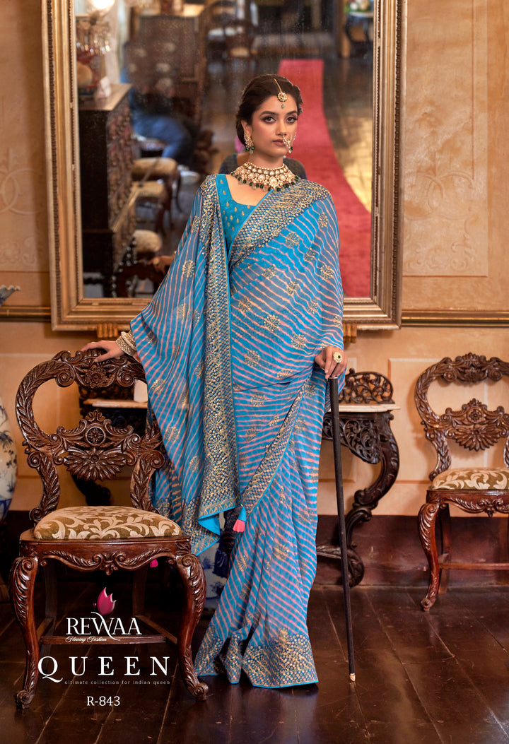 Royal Peacock Blue Leheriya Pattern Georgette Designer Saree