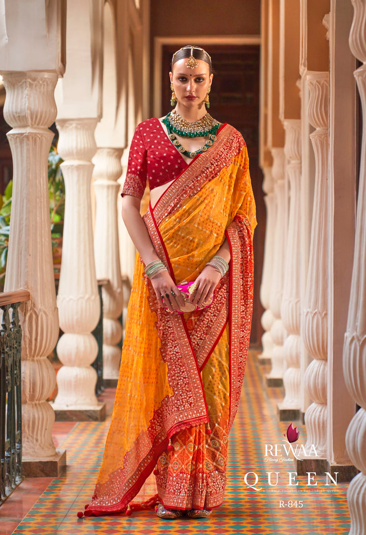 Royal Haldi Yellow & Red Zari Border Designer Festive Saree