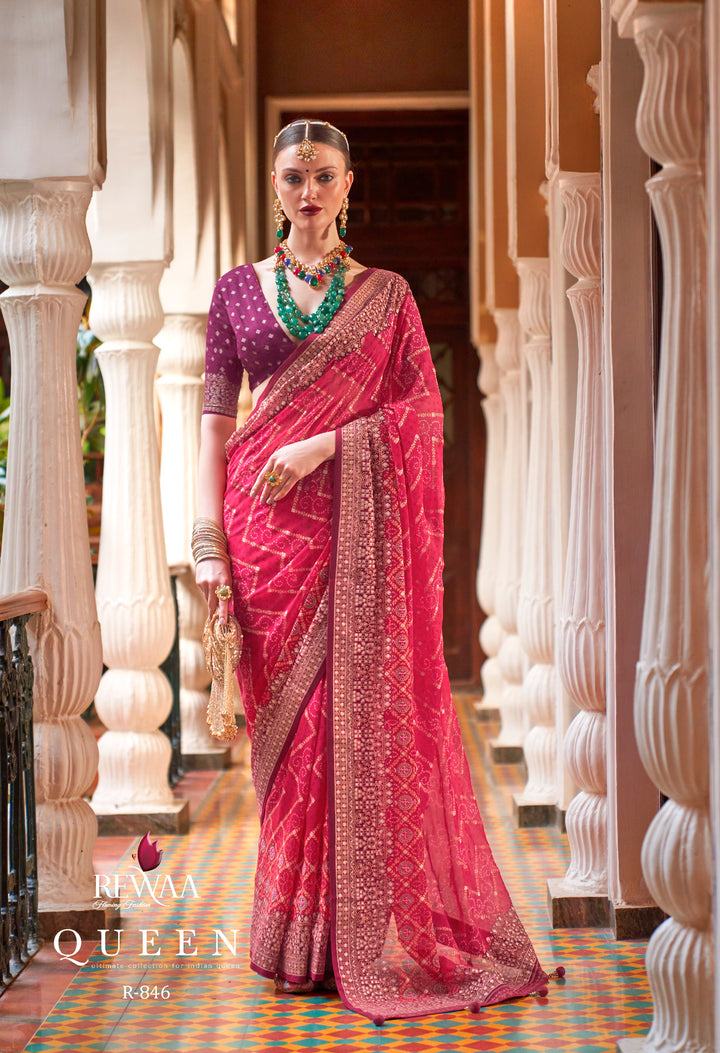 Royal Rani Pink Leheriya Pattern Georgette Designer Saree