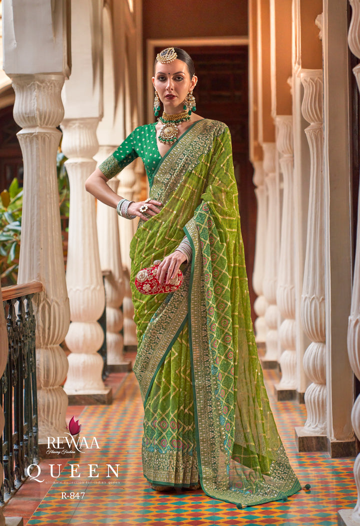 Royal Mehendi Green Leheriya Pattern Georgette Designer Saree