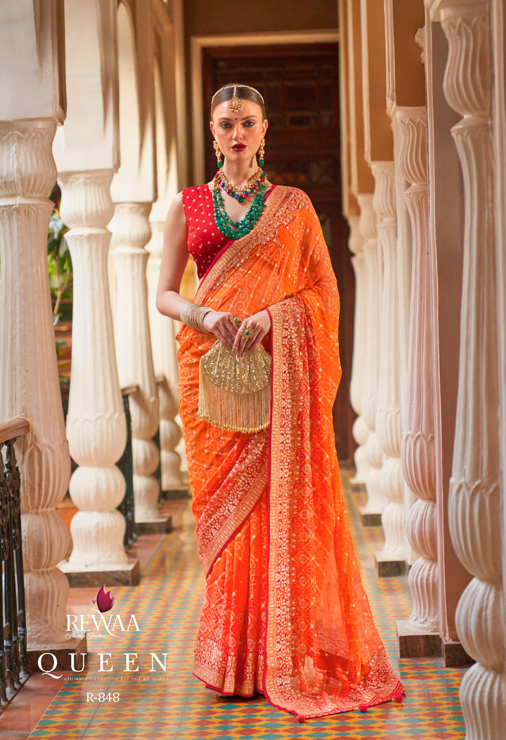 Royal Kesari Orange Leheriya Pattern Georgette Designer Saree