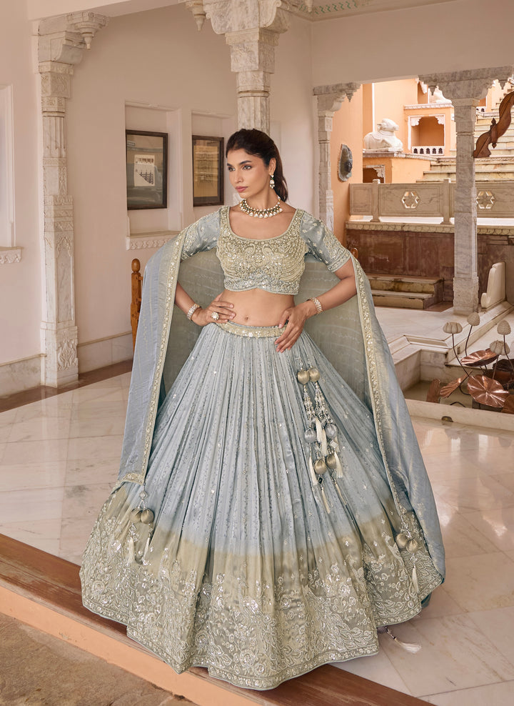 Ice Grey Embroidered Designer Lehenga Choli Set with Dupatta