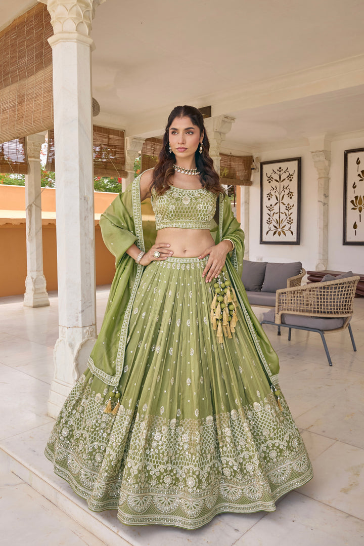 Pastel Olive Green Embroidered Designer Lehenga Choli Set with Dupatta