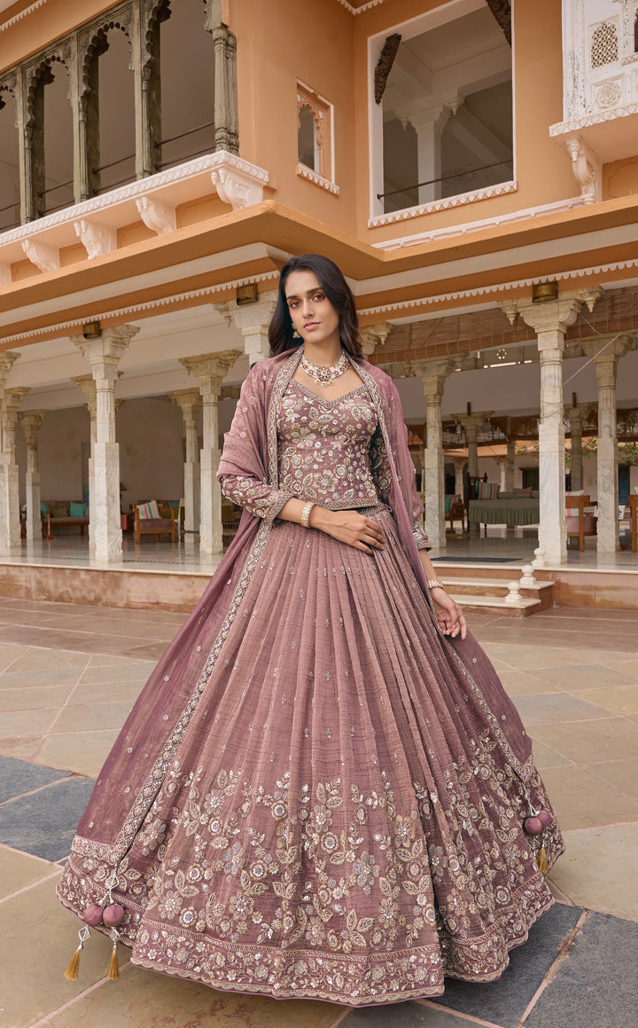 Dusty Mauve Floral Embroidered Lehenga Choli Set