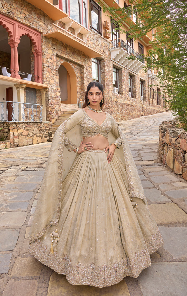 Champagne Beige Embroidered Lehenga Choli Set with Dupatta