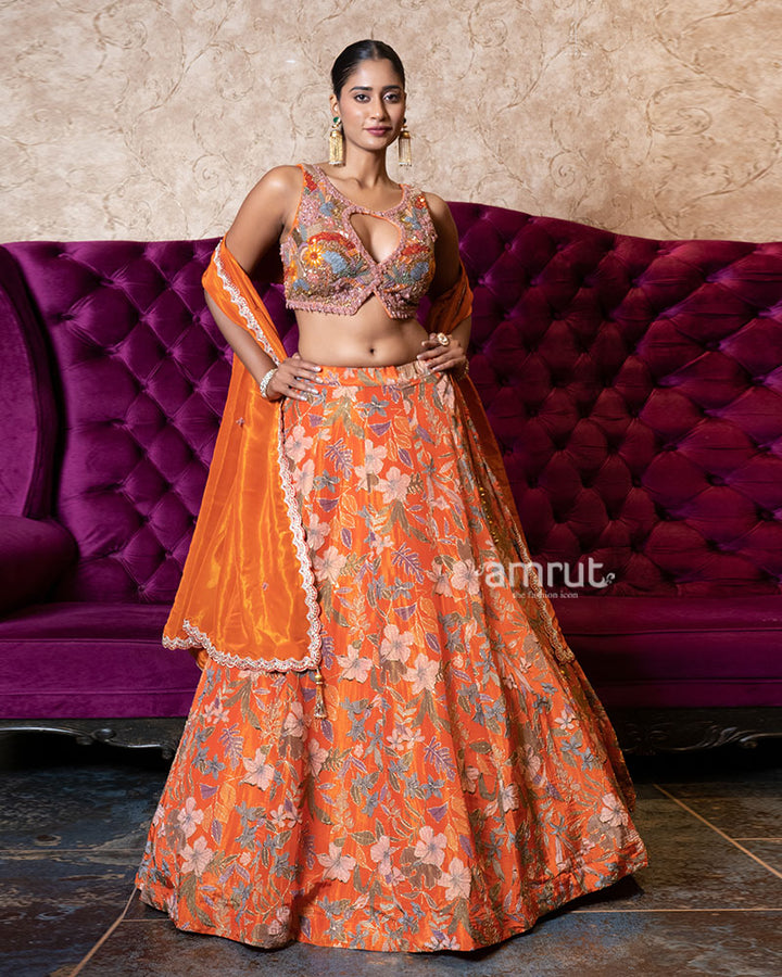Radiant Orange Floral Embroidered Lehenga Set 01
