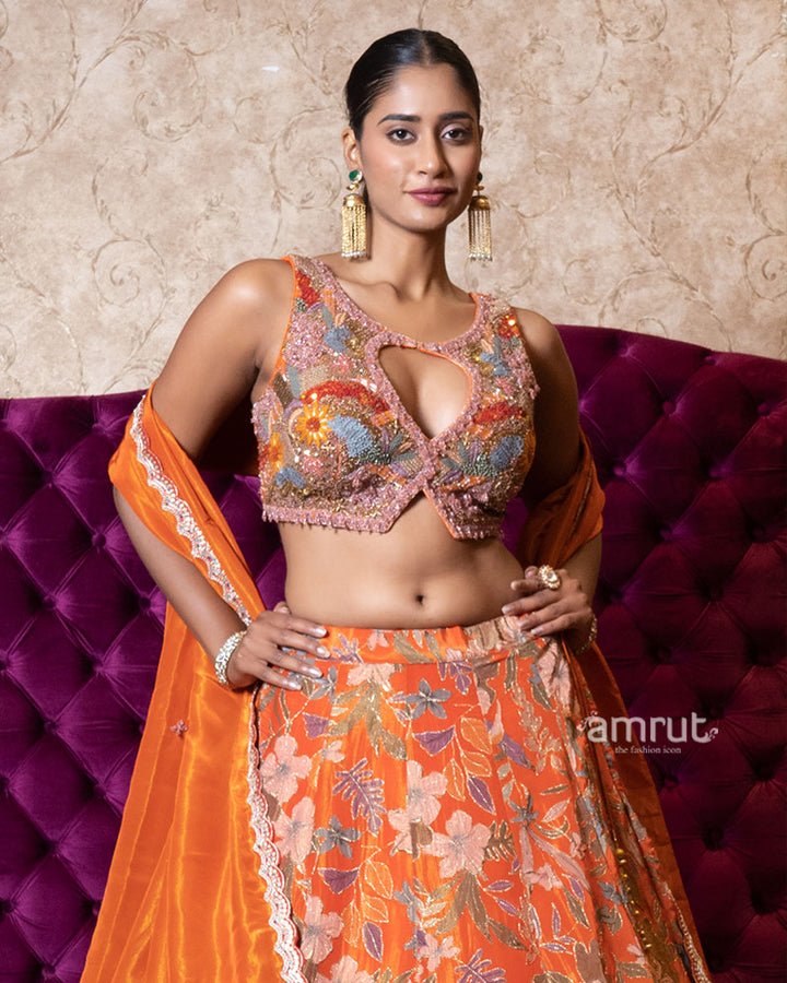 Radiant Orange Floral Embroidered Lehenga Set 02