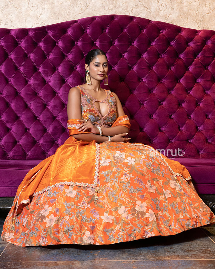 Radiant Orange Floral Embroidered Lehenga Set 04