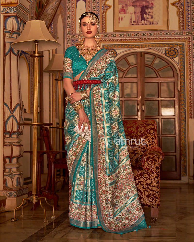 Rama Blue and Cream Bandhani Saree with Unstitched Blouse and Belt 01