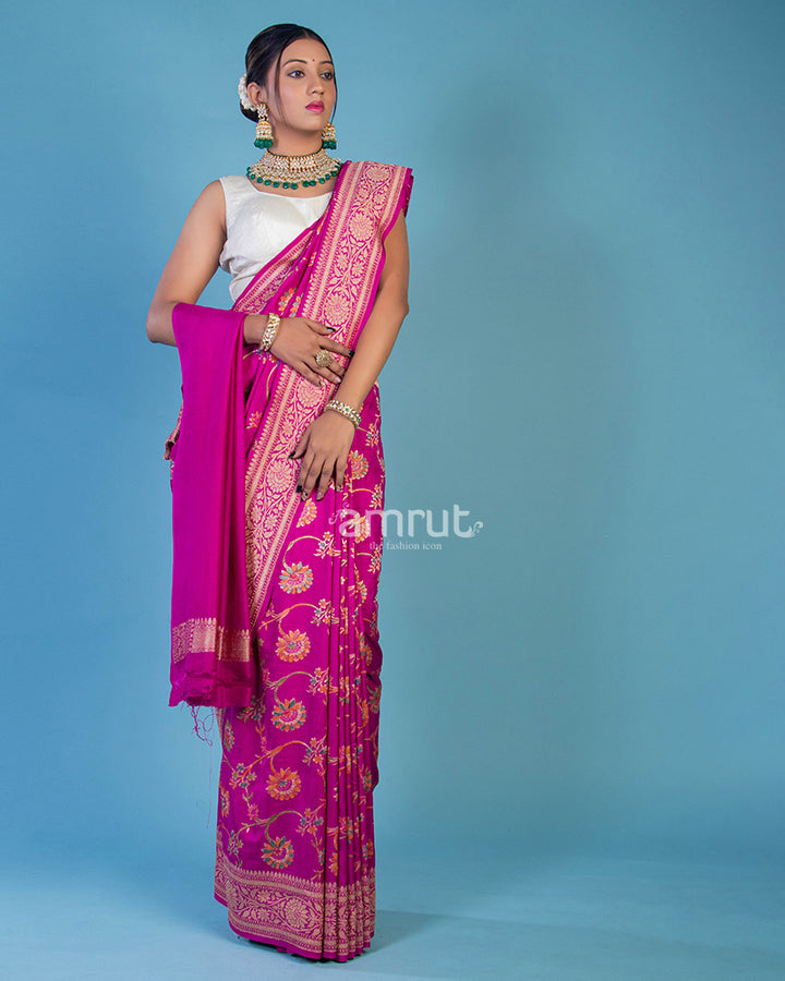 Rani Pink Banarasi Silk Saree With Floral Motif Pallu and Unstitched Blouse Piece