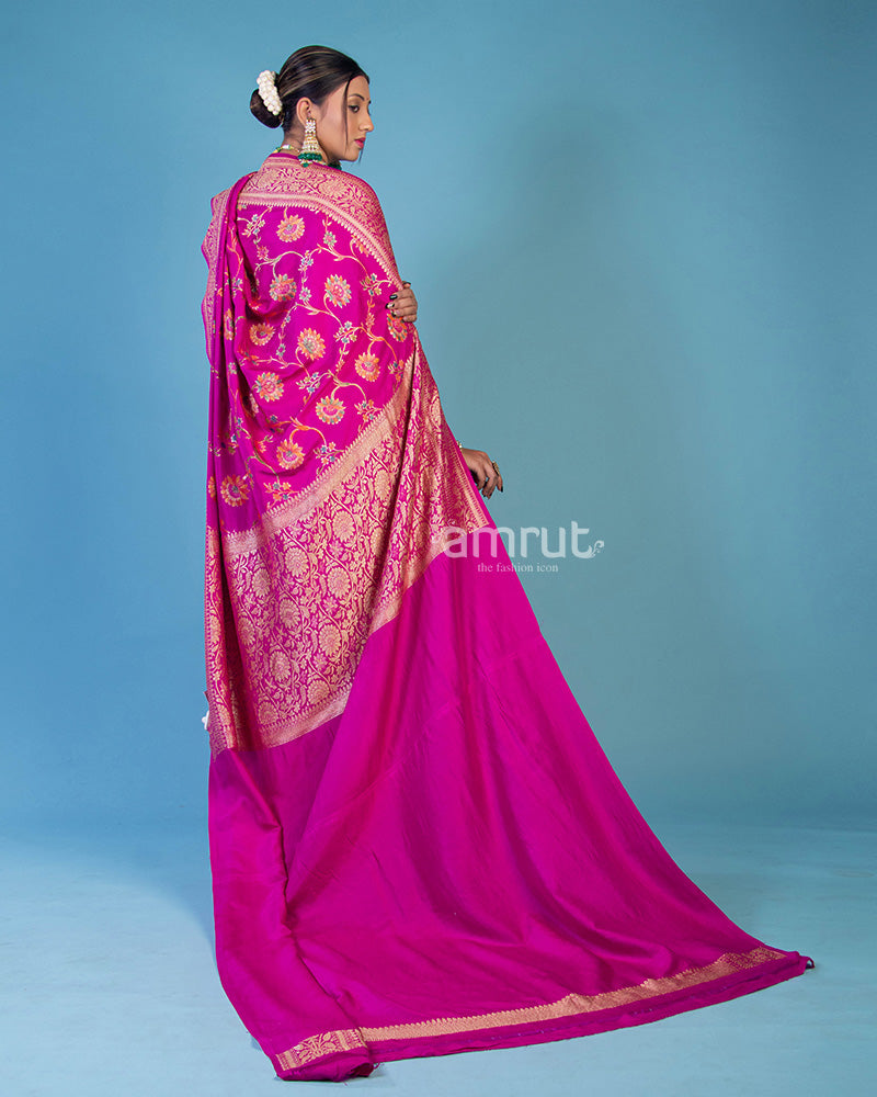 Rani Pink Banarasi Silk Saree With Floral Motif Pallu and Unstitched Blouse Piece