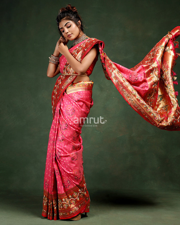 Pink Banarasi Silk Saree With Unstitched Blouse