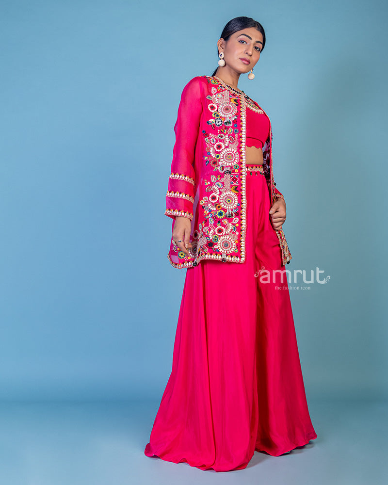 Rani Pink Crop Top and Palazzo Set with Embroidered Jacket