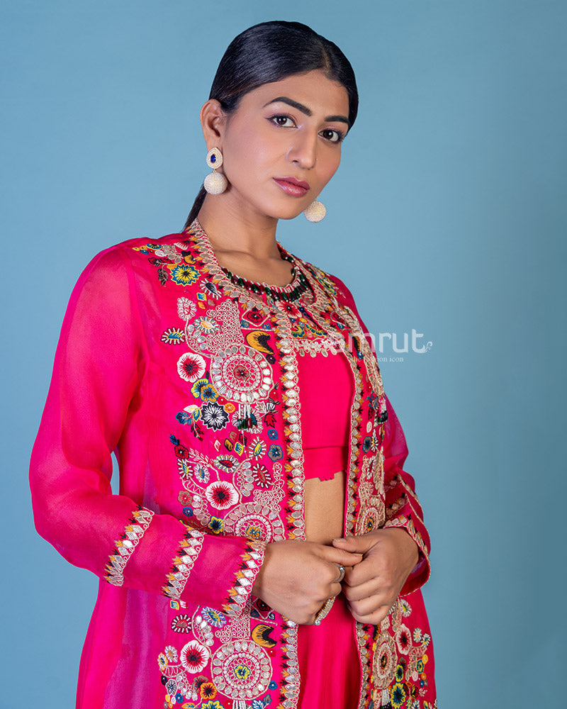 Rani Pink Crop Top and Palazzo Set with Embroidered Jacket