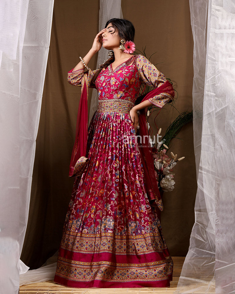 Rani Pink Delicate Floral Printed Gown for Wedding
