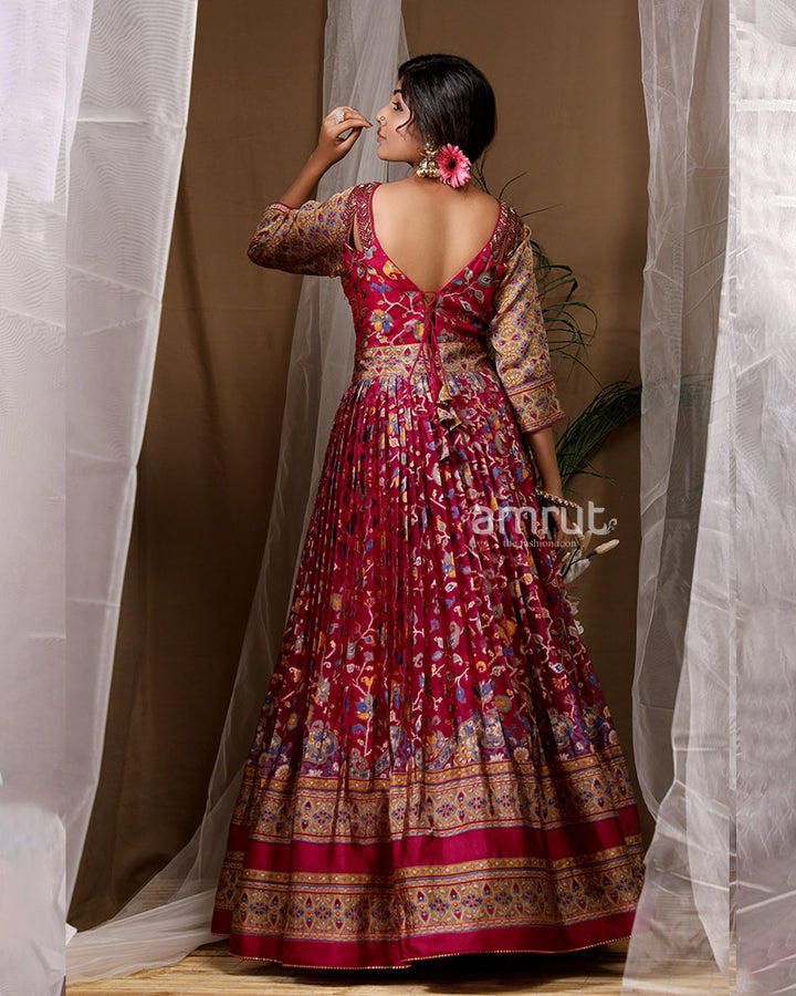 Rani Pink Delicate Floral Printed Gown for Wedding
