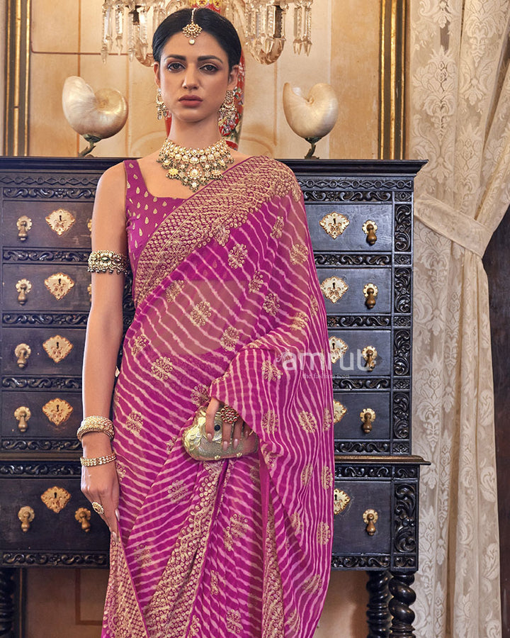 Rani Pink Embellished Leheriya Print Georgette Saree With Unstitched Blouse