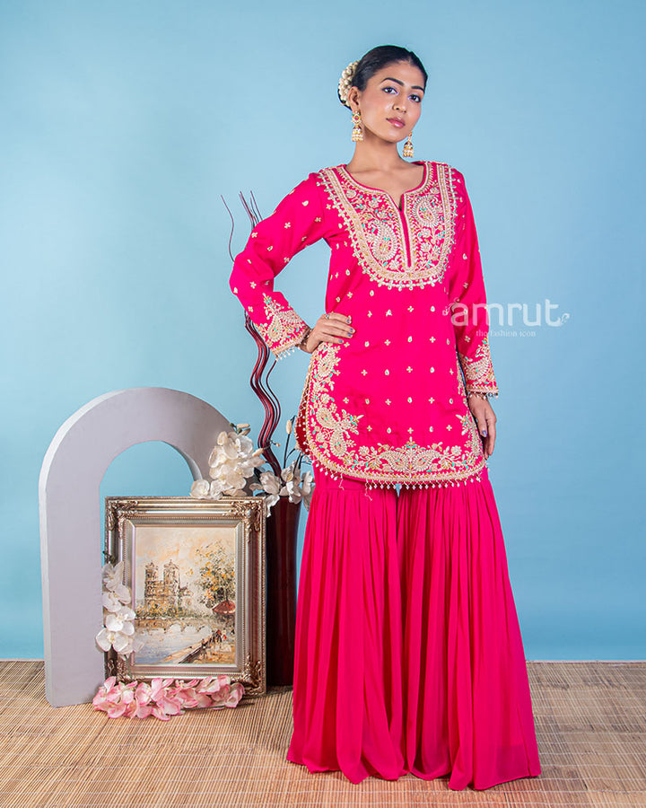 Rani Pink Georgette Embroidery Gharara Suit With Dupatta