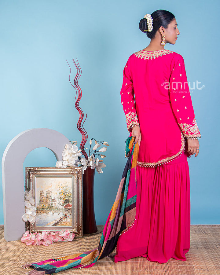 Rani Pink Georgette Embroidery Gharara Suit With Dupatta