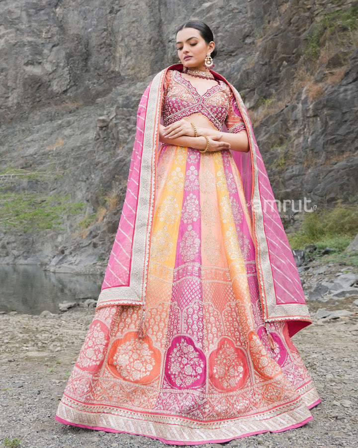 Rani Pink Lehenga Choli with Ethnic Floral Print and Zari Accents for Wedding Bride