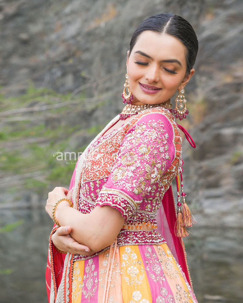 Rani Pink Lehenga Choli with Ethnic Floral Print and Zari Accents for Wedding Bride