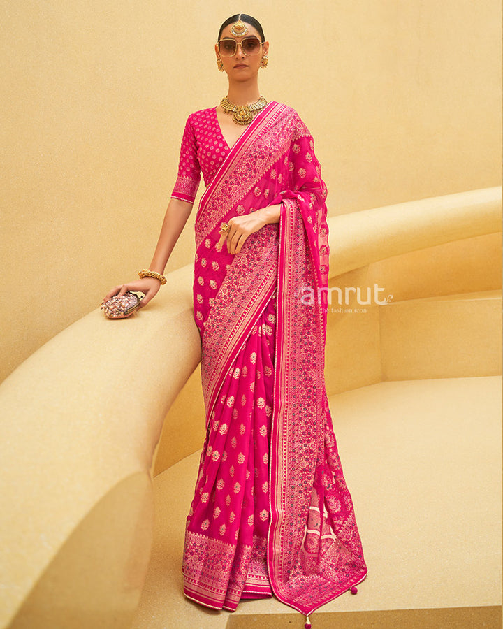 Rani Pink Printed Patola Silk Saree With Blouse Piece
