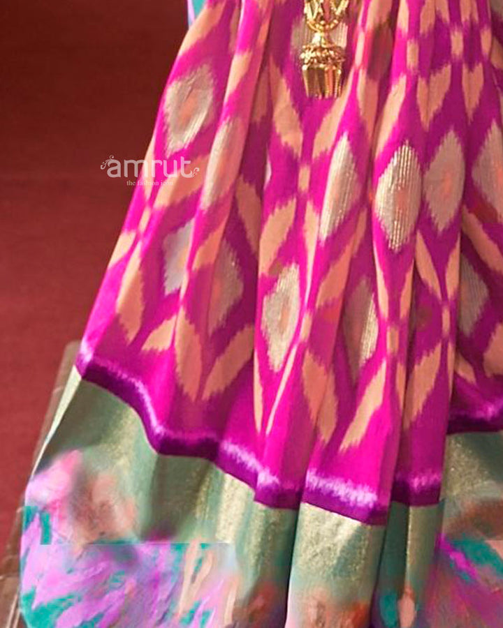 Rani Pink Printed Patola Silk Saree With Unstitched Blouse