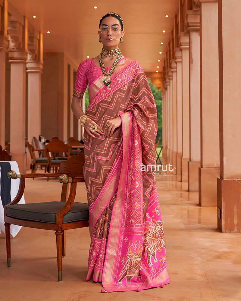 Rani Pink Saree With Unstitched Blouse In Cotton Silk