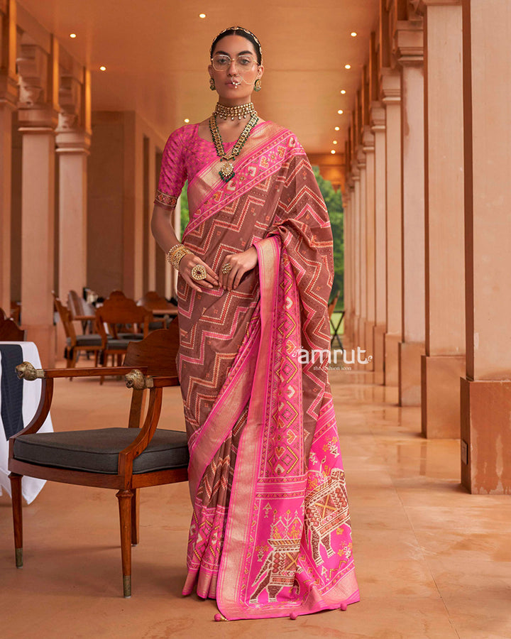 Rani Pink Saree With Unstitched Blouse In Cotton Silk