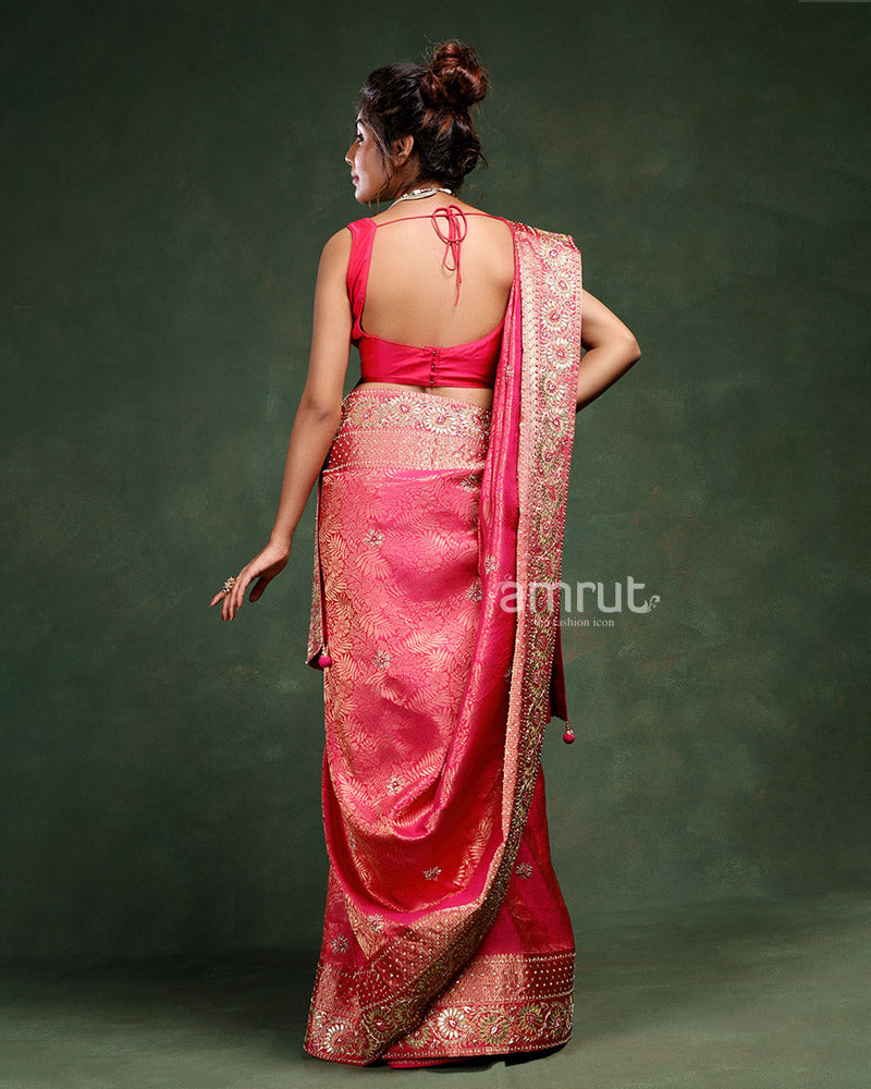 Rani Pink Silk Saree With Unstitched Blouse for Wedding