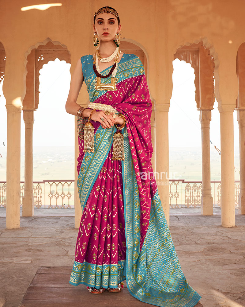Rani Pink Ikat Printed and Teal Contrast Border Patola Silk Saree with Unstitched Blouse 01